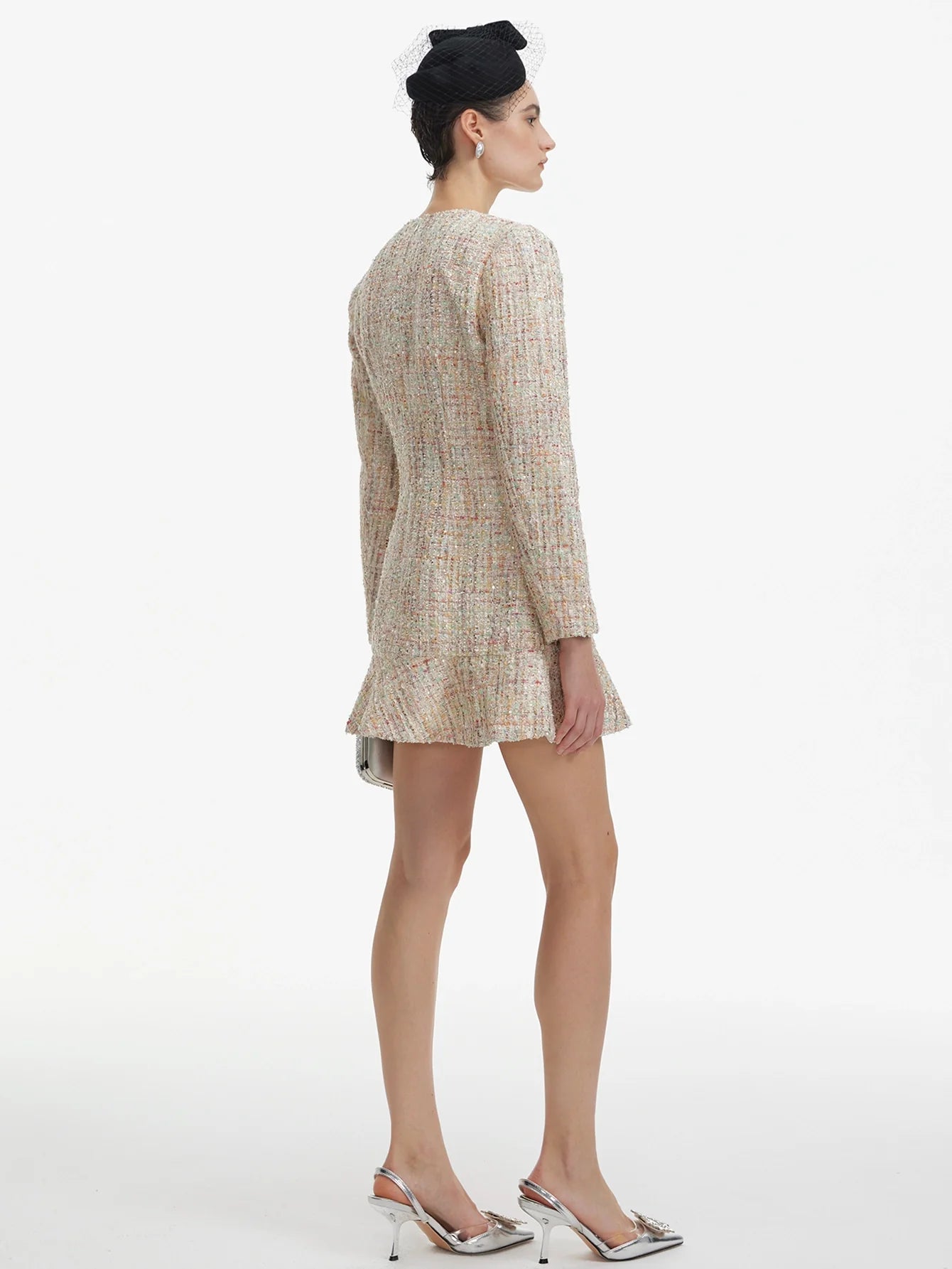 Uzun Kollu Payetli Tüvit Mini Elbise