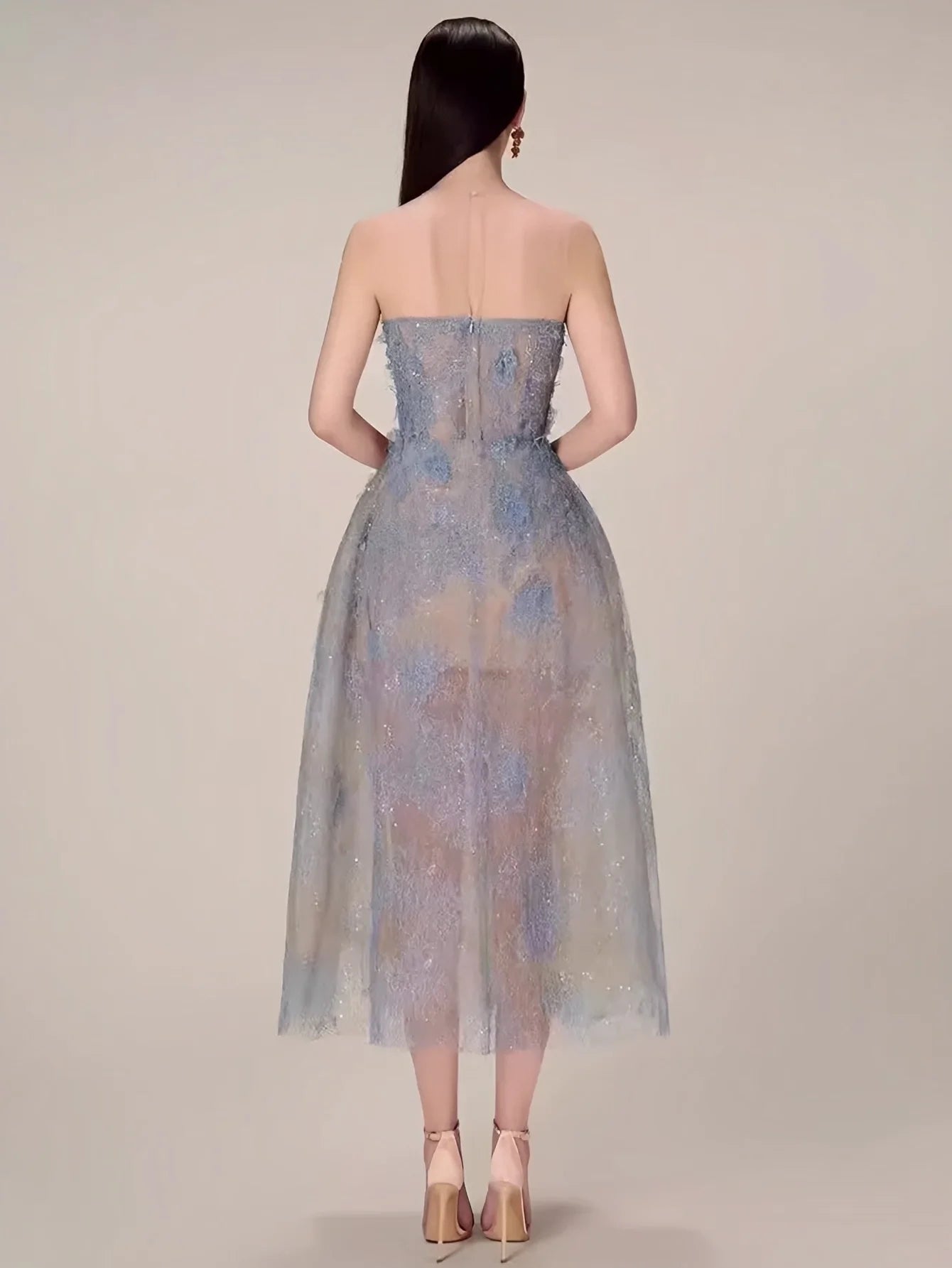 Büyüleyici Mavi Dantel Çay Uzunluğu Elbise