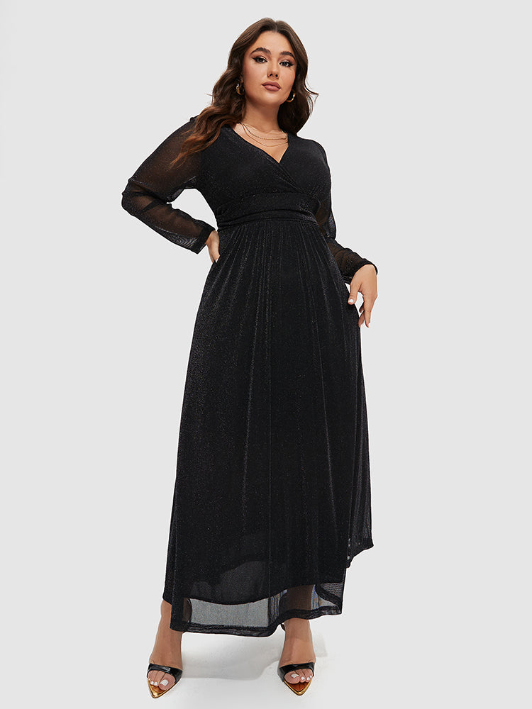 Elastik Bel Bandı Ve Simli Kontrast Fileli Kollu Elbise