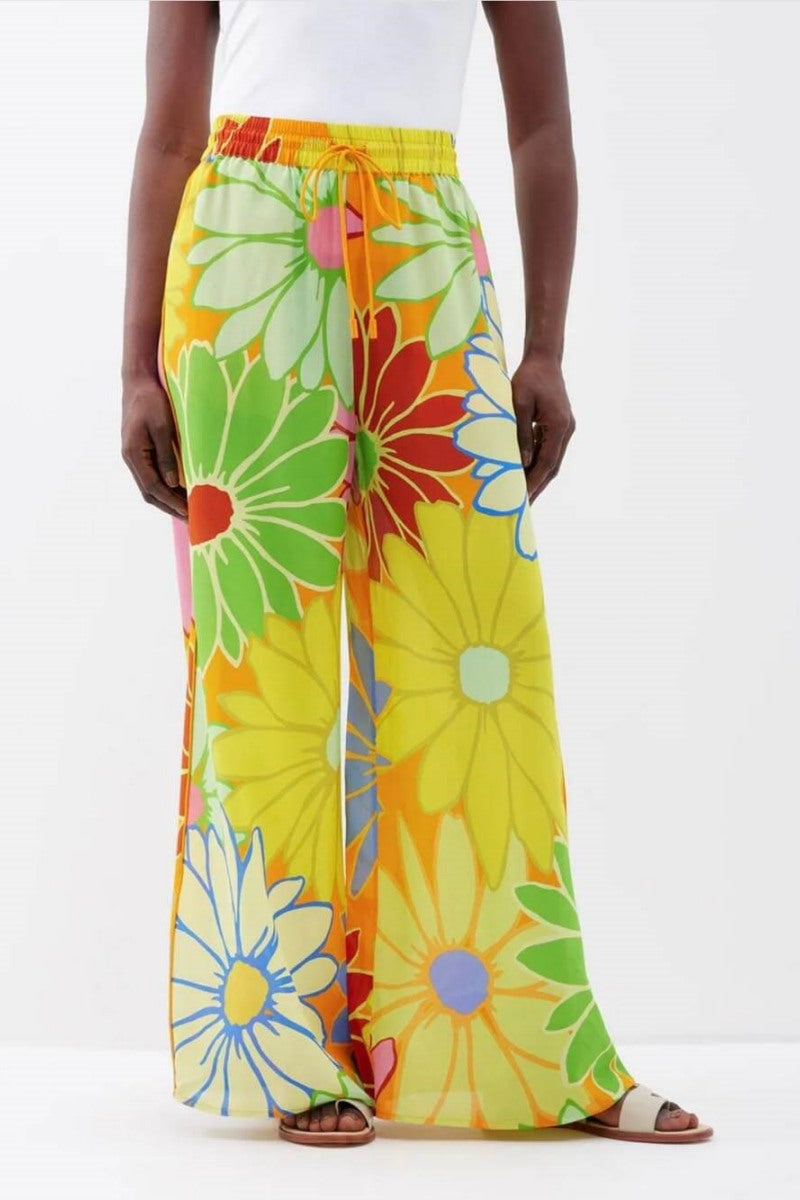 Moda Çiçek Baskı Gevşek Geniş Bacak Pantolon Takımı