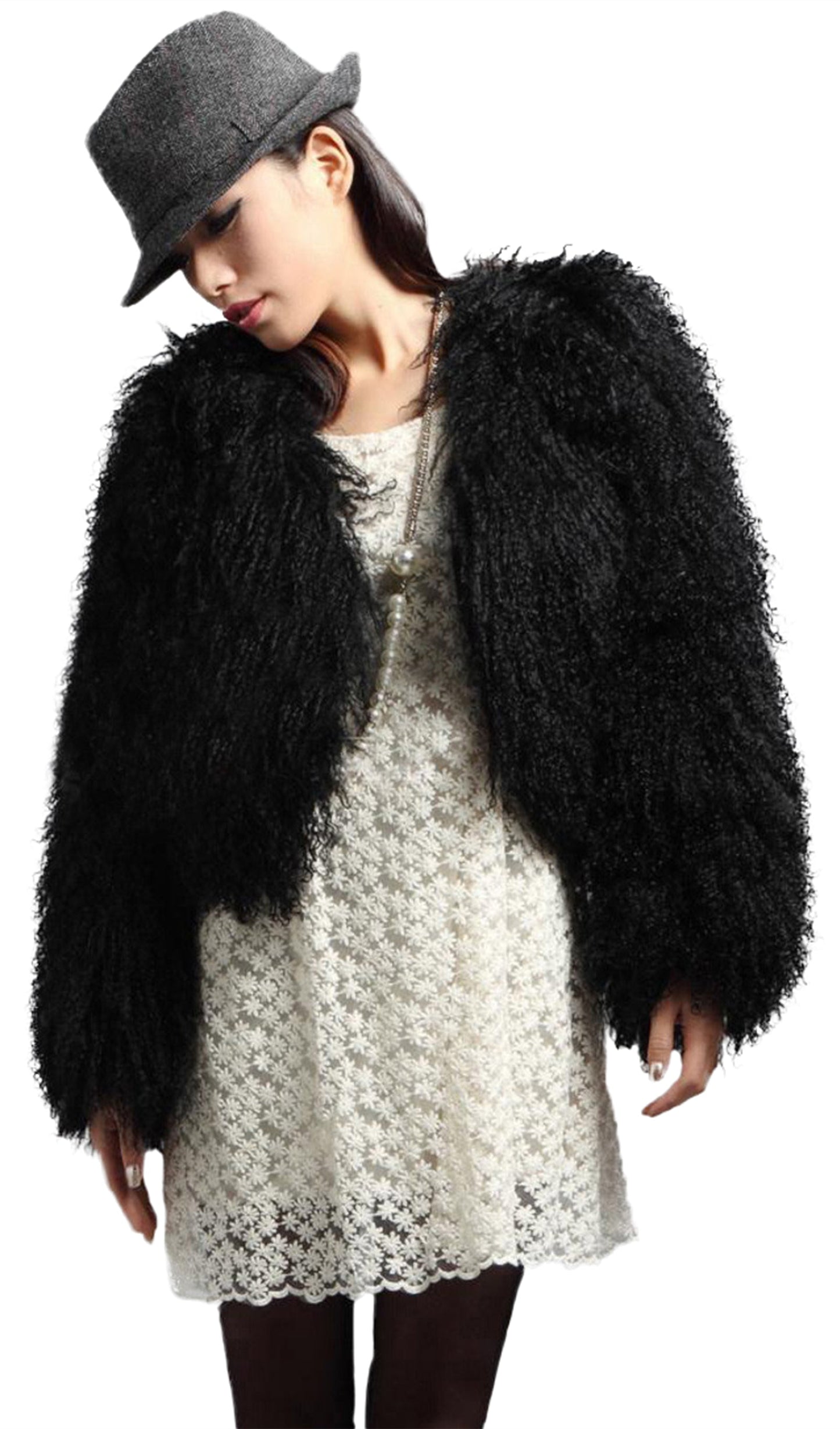 Kısa Koyun Postu Ceket Palto-Siyah