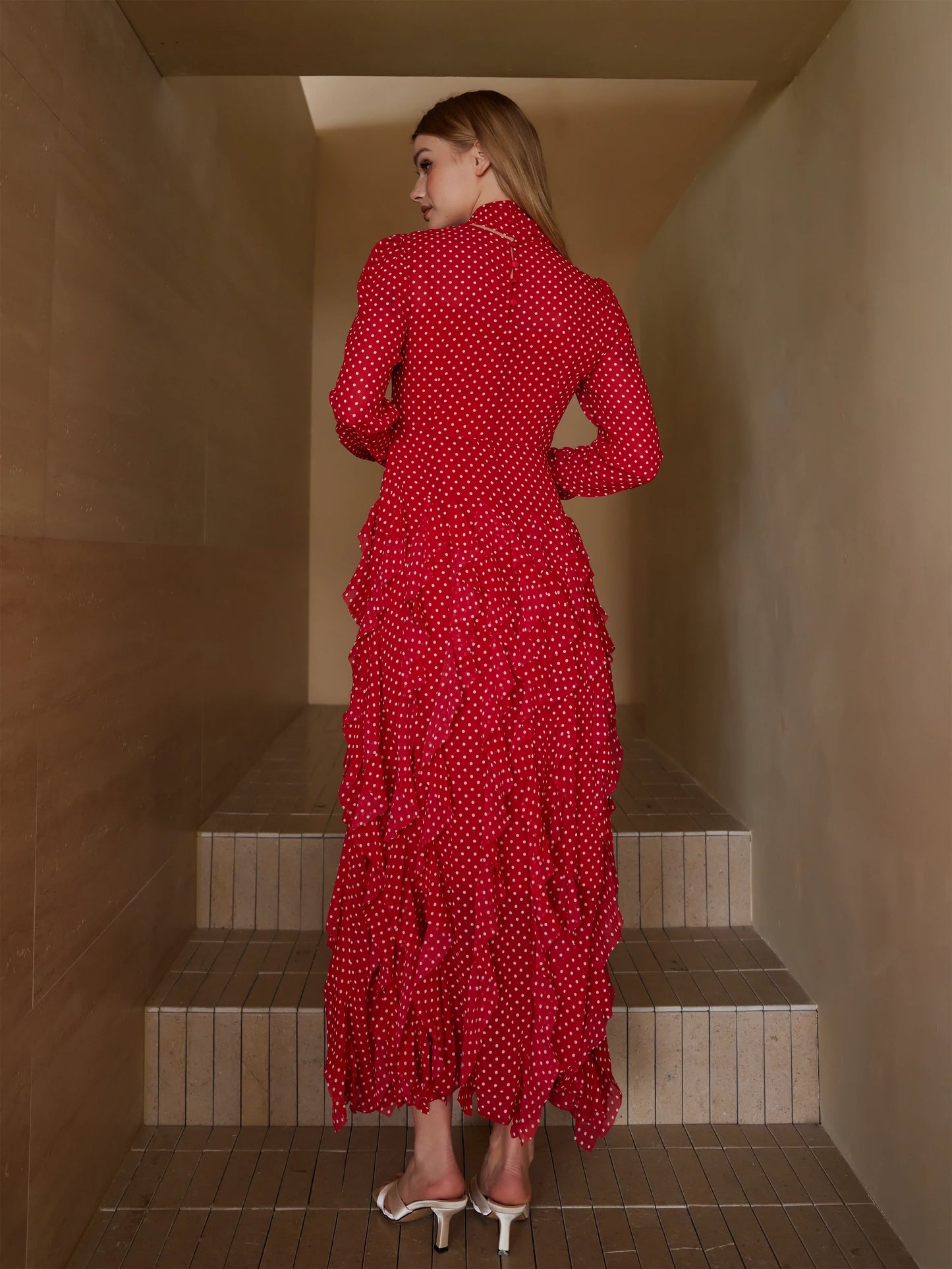 Puantiyeli Katmanlı Uzun Elbise