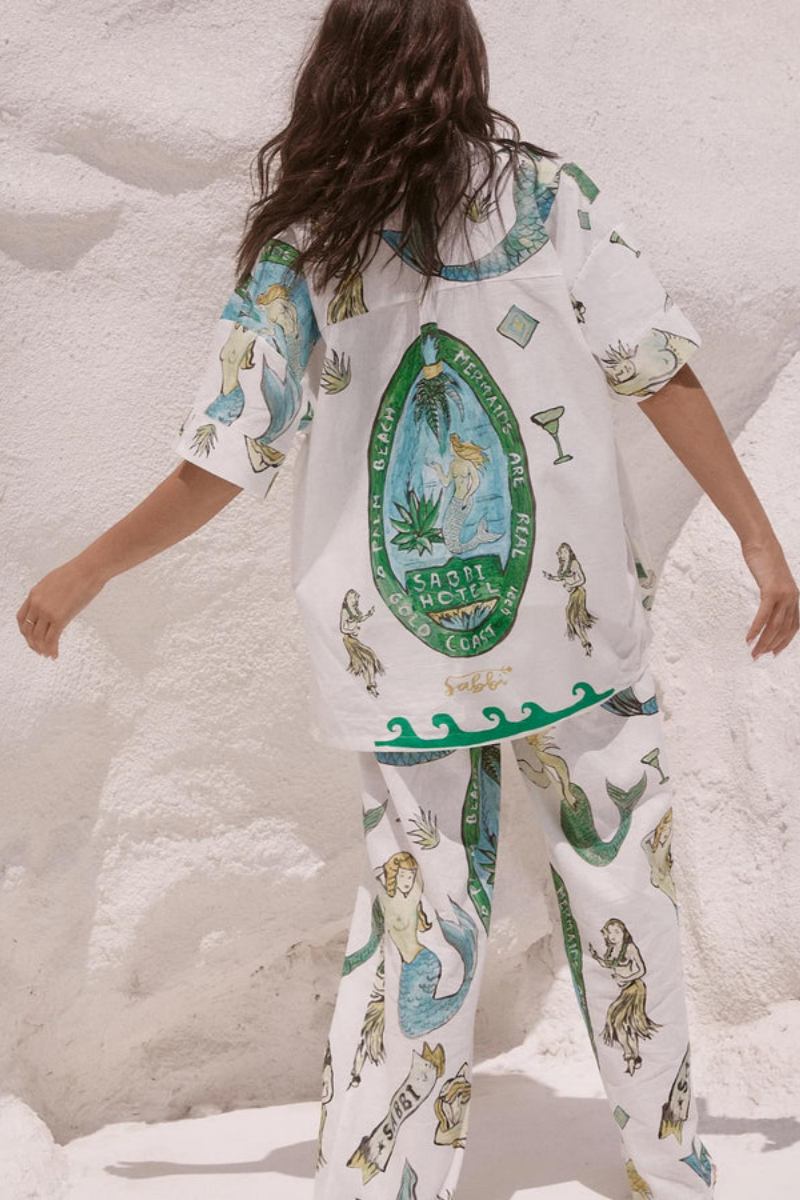 Denizkızı Desenli Kısa Kollu Gömlek Ve Geniş Paça Pantolon İkili Takım