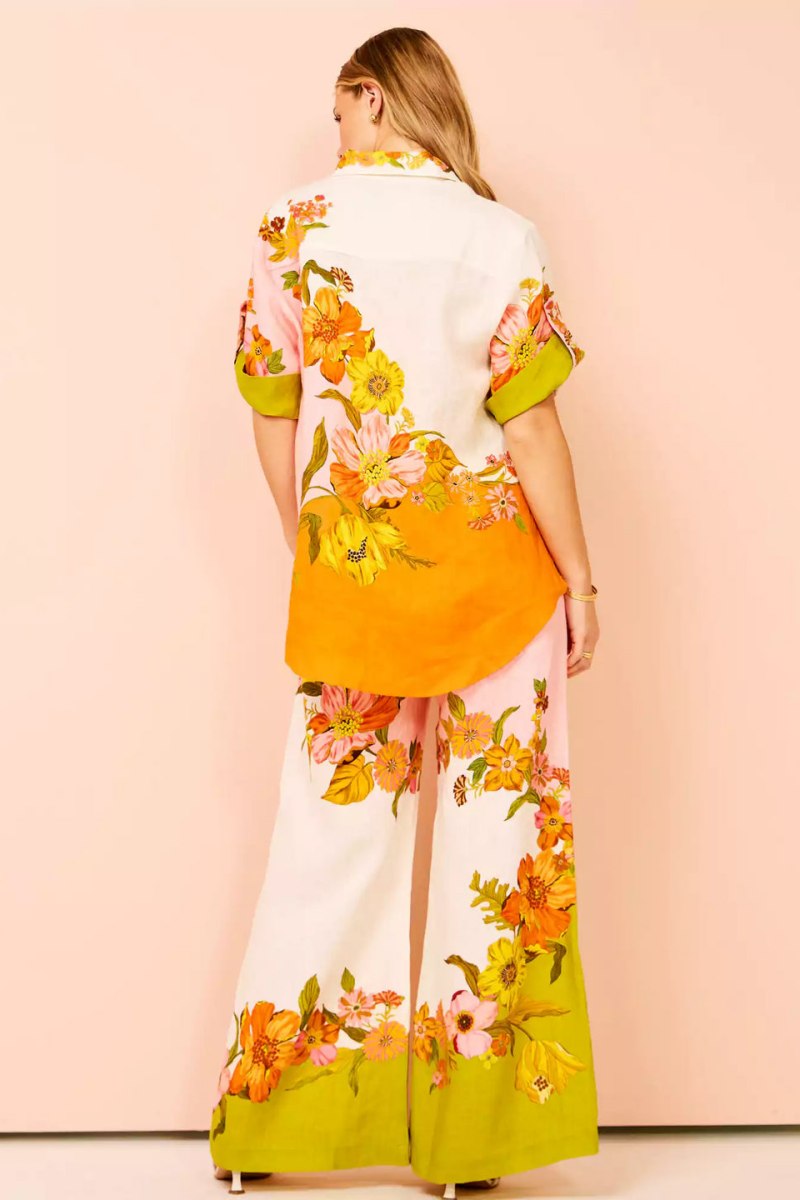 Tipik Baskı Beli Lastikli Cepli Geniş Paça Pantolon-Takım