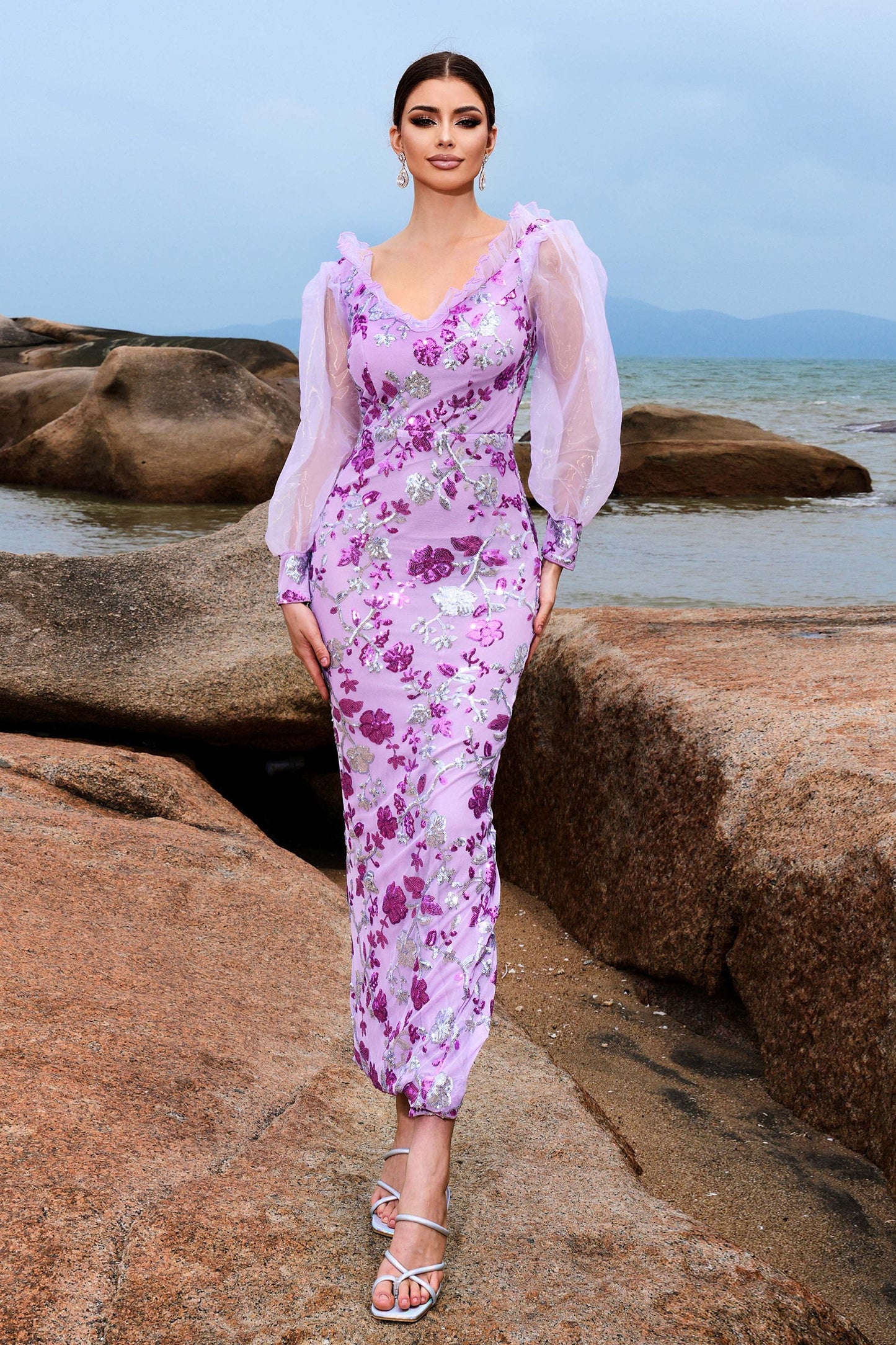 Yuvarlak Yaka Fırfırlı Fener Kol Maksi Elbise