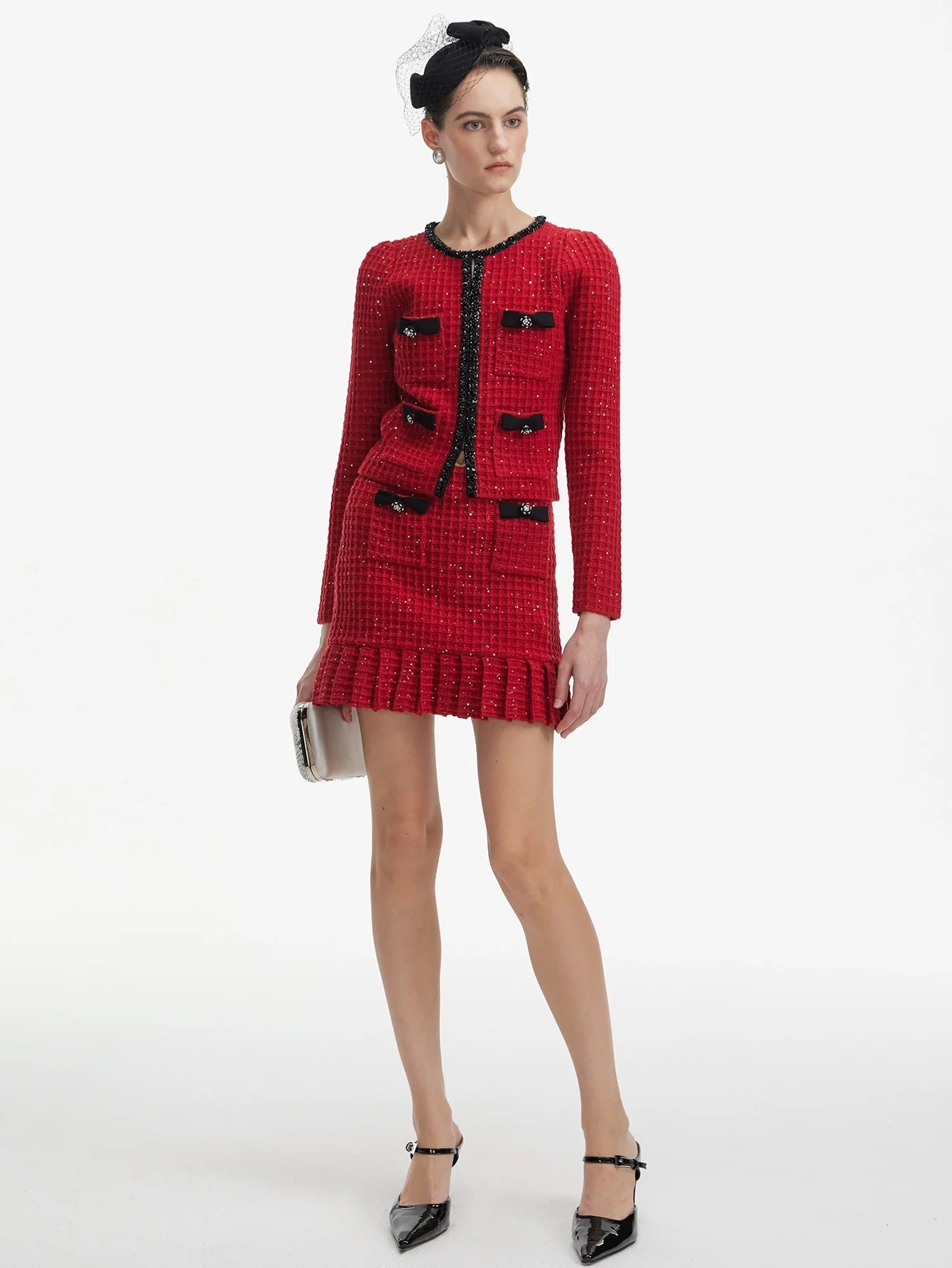 Waffle Payetli Örgü Üst Hırka Etek Seti