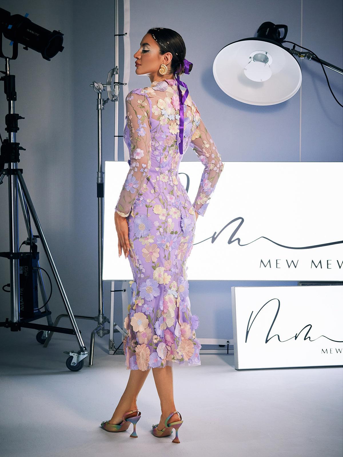 Amara Uzun Kollu İşlemeli Midi Elbise Mor