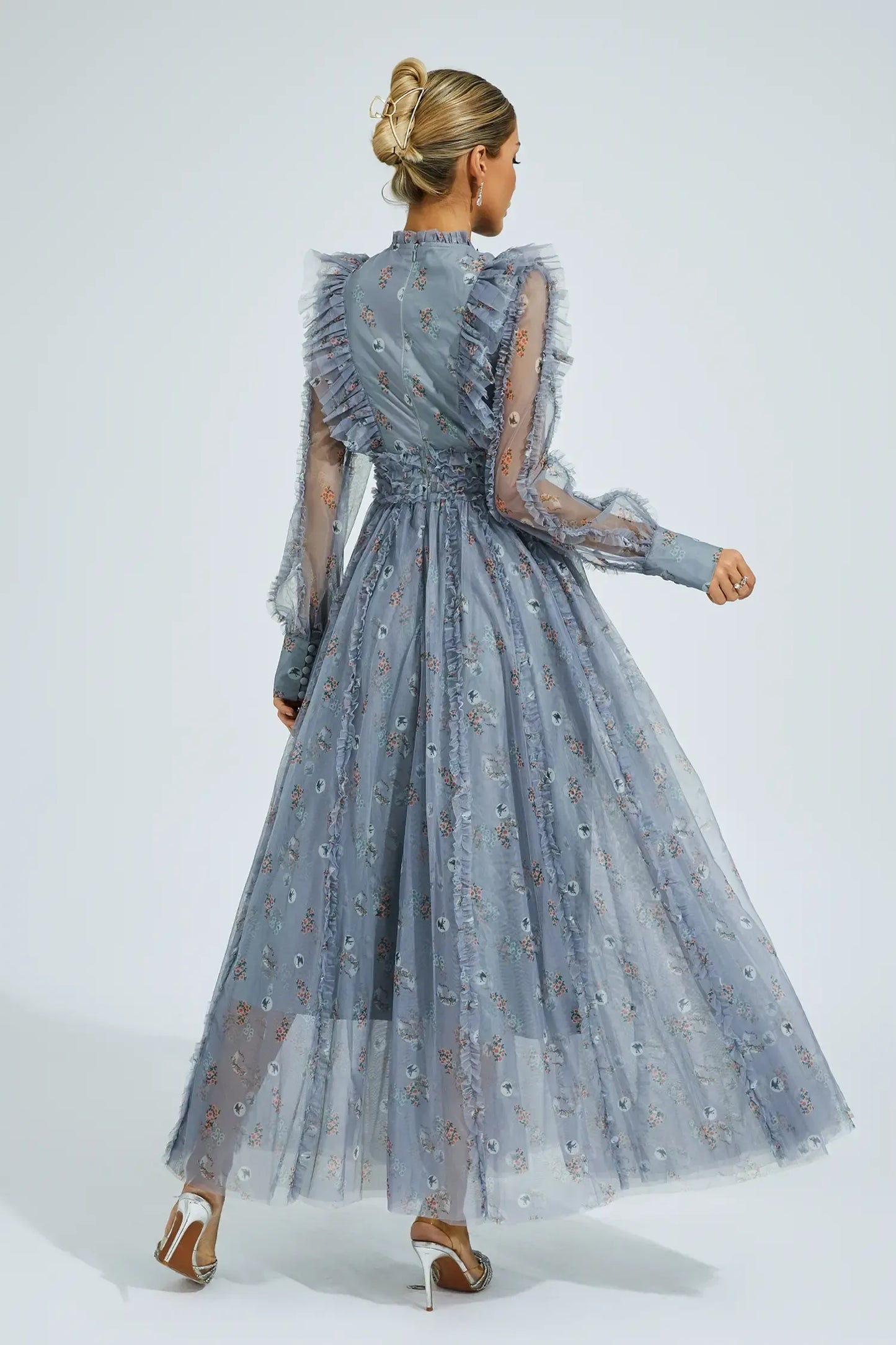 Elara Mavi Çiçek Uzun Kollu Uzun Elbise