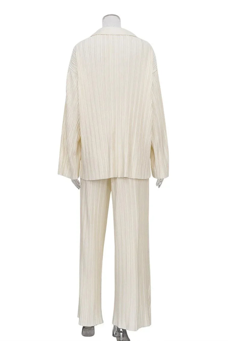 Düz Renk Pileli Uzun Kollu Pantolon Takımı