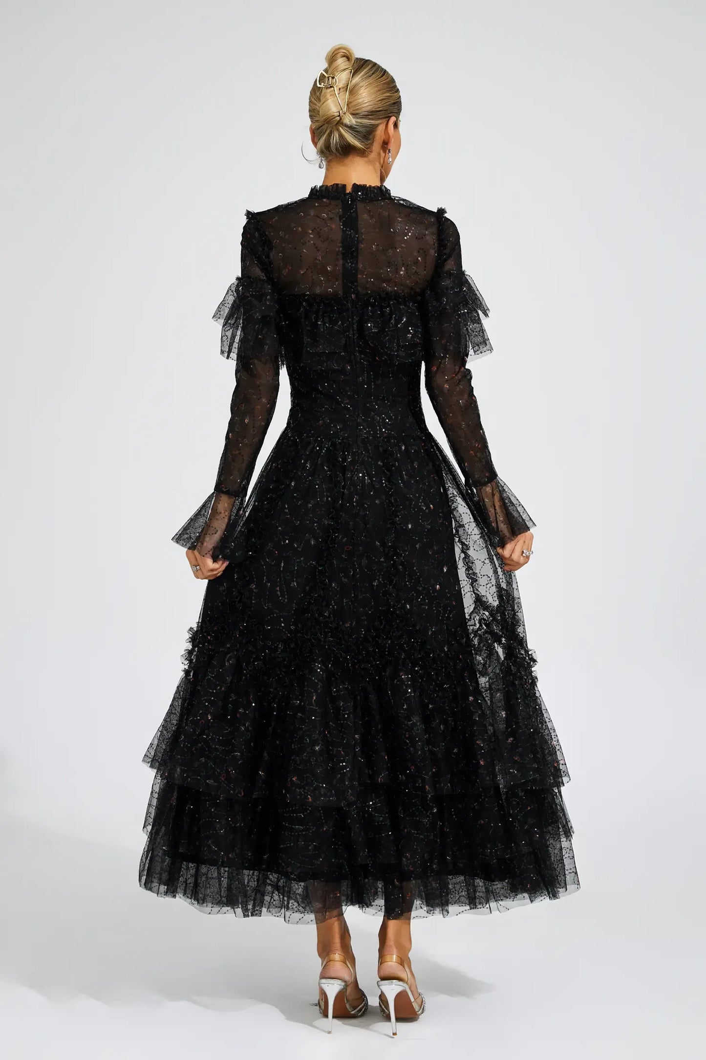 Clapham Siyah File Çiçekli Uzun Elbise