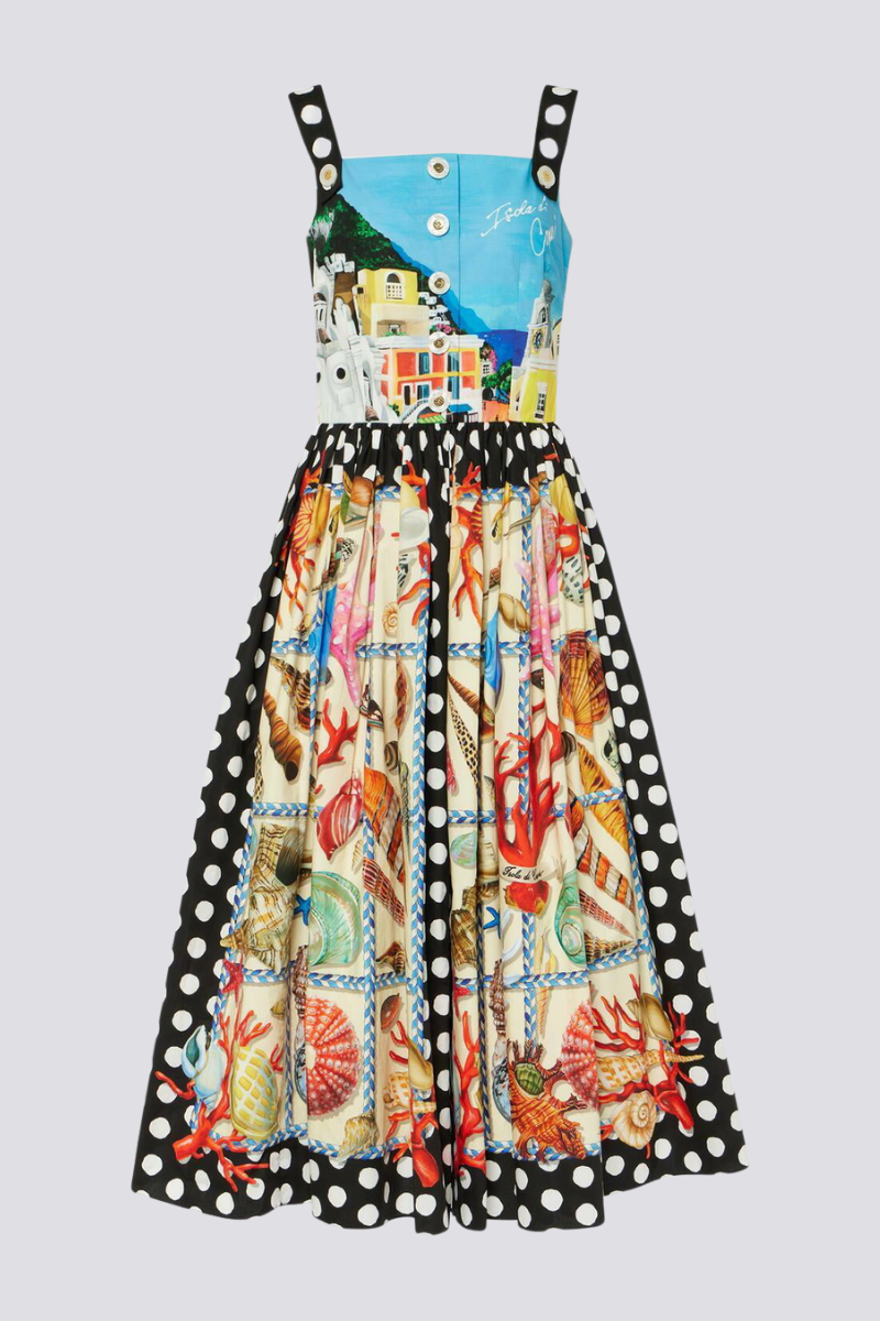 Domitille Puantiyeli Kare Yaka Midi Elbise