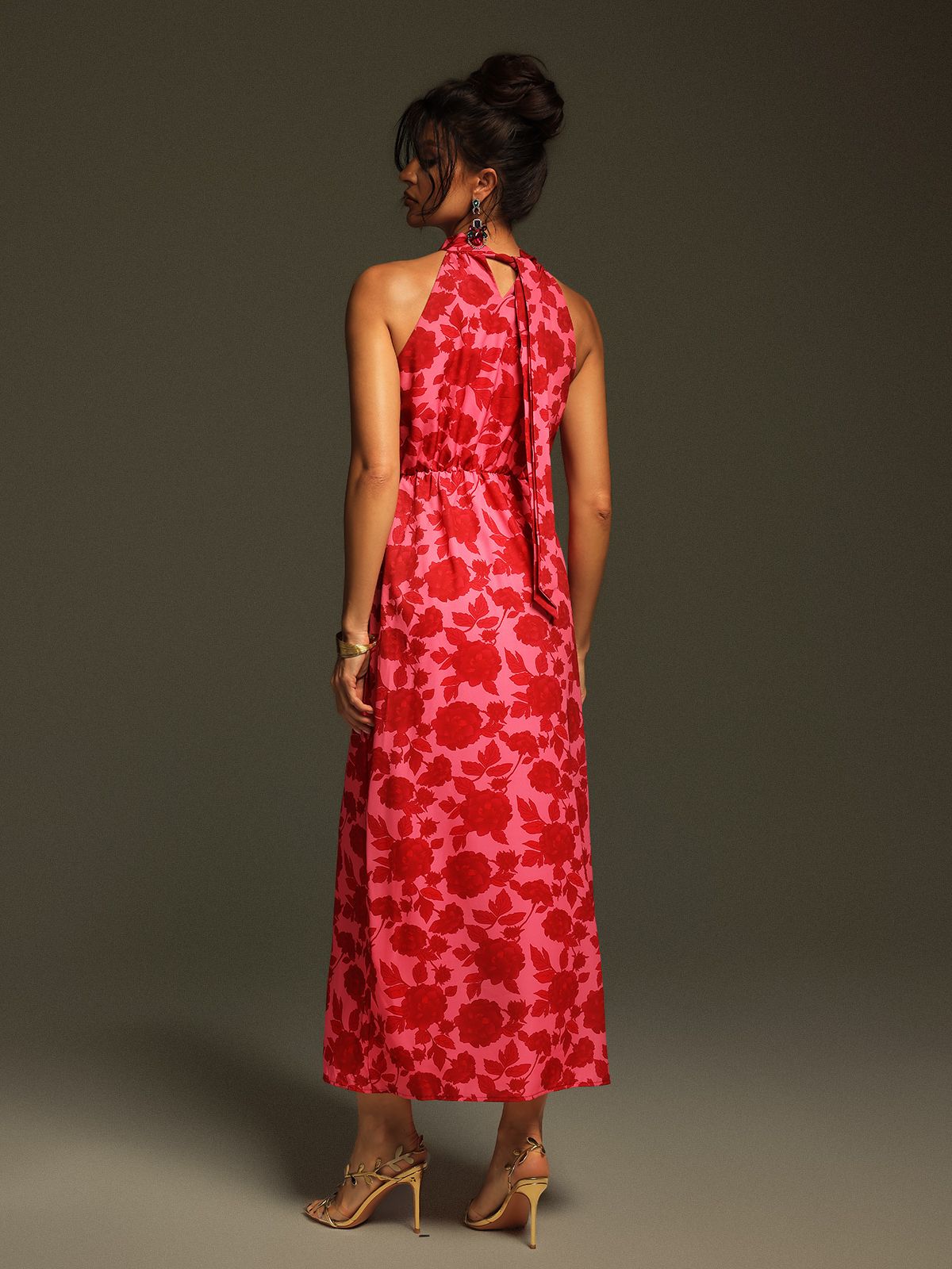 Jacki Halter Yaka Çiçek Kesik Midi Elbise