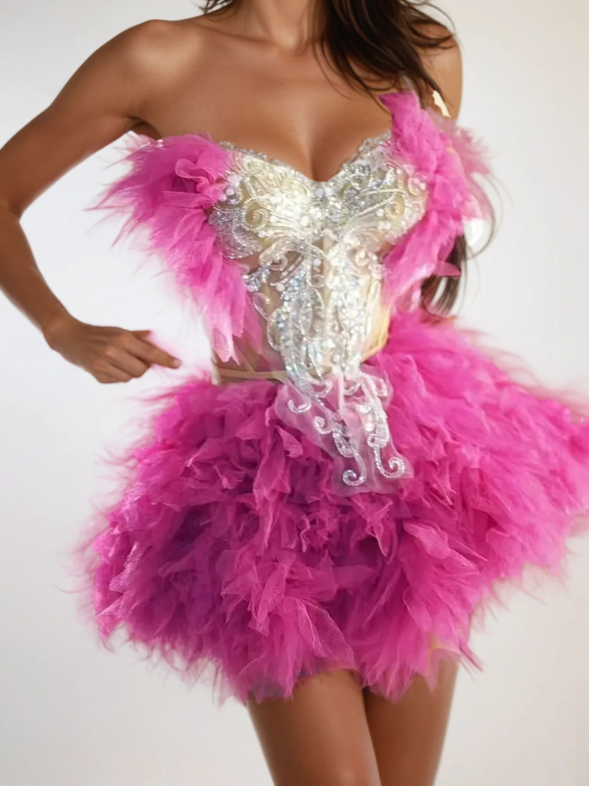 Sıcak Pembe Jolleen Askısız Süslemeli Tül Etek Takımı