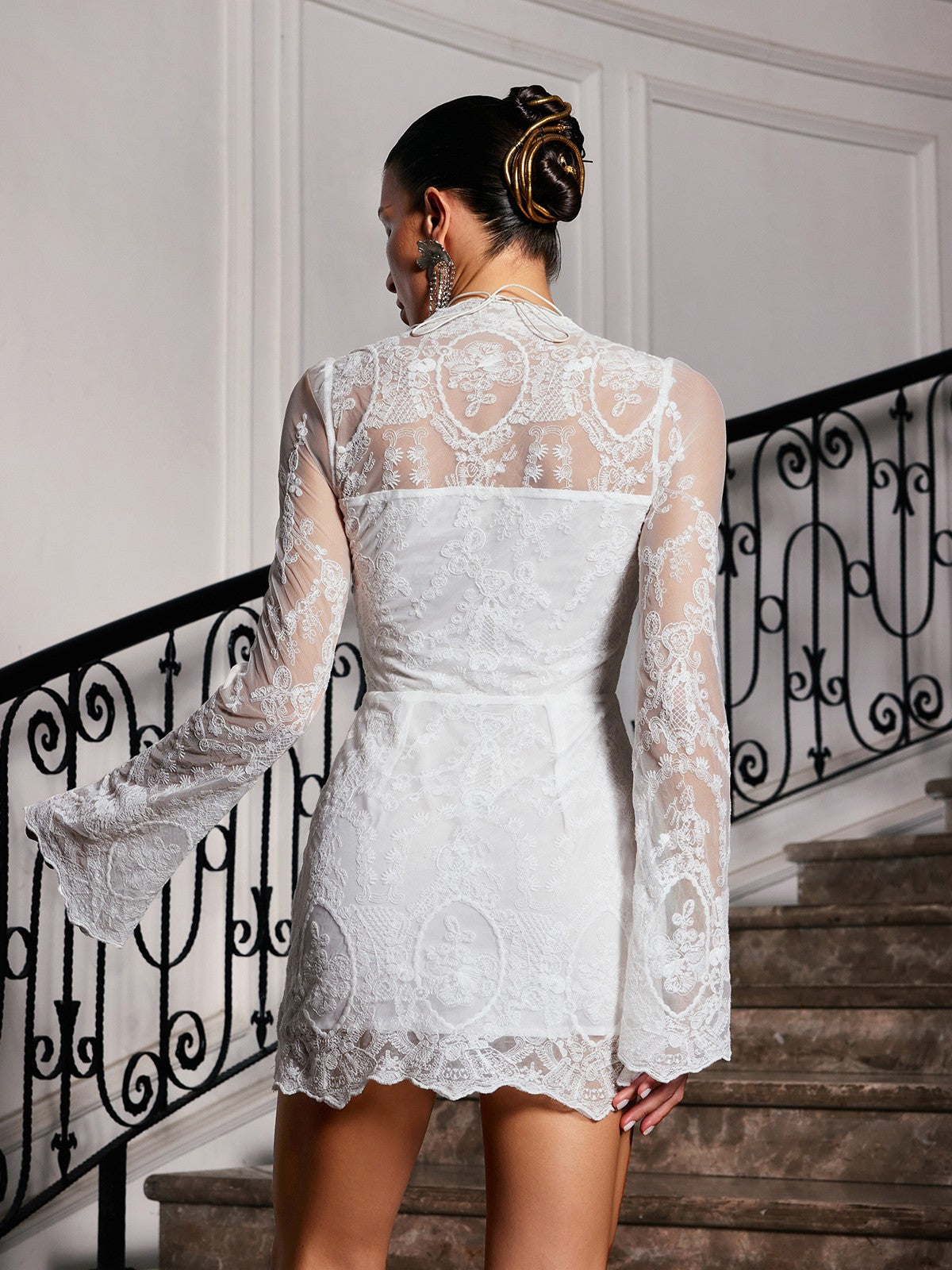 Lytar Geniş Kollu Dantel Mini Elbise