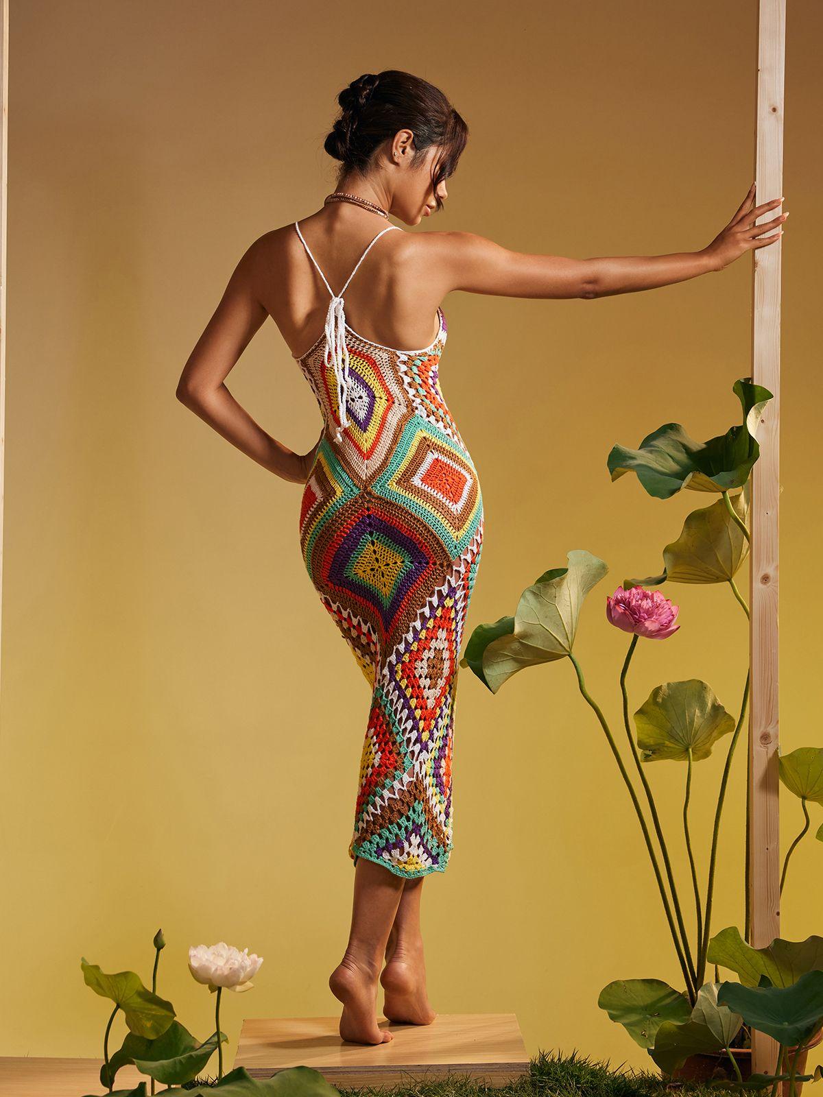 Monroe Spagetti Baskılı Boş Örgü Elbise