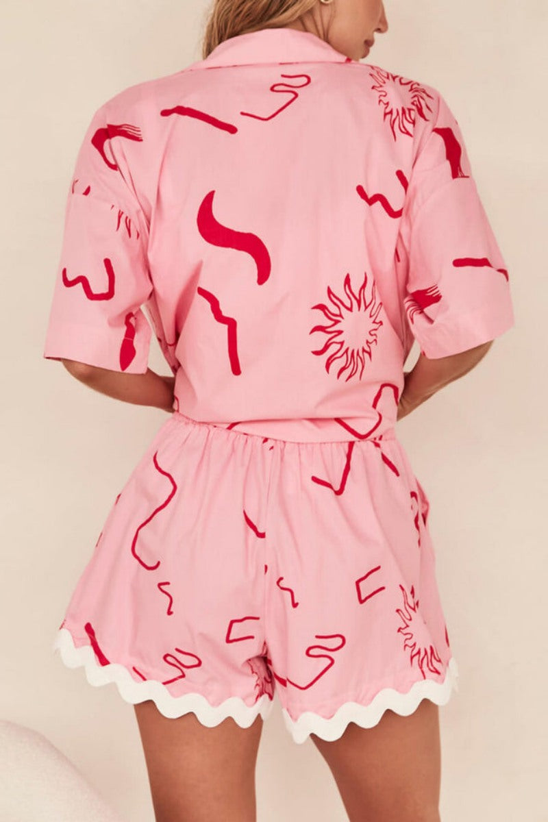 Kısa Kollu Baskılı Tatil Günlük İki Parçalı Takım