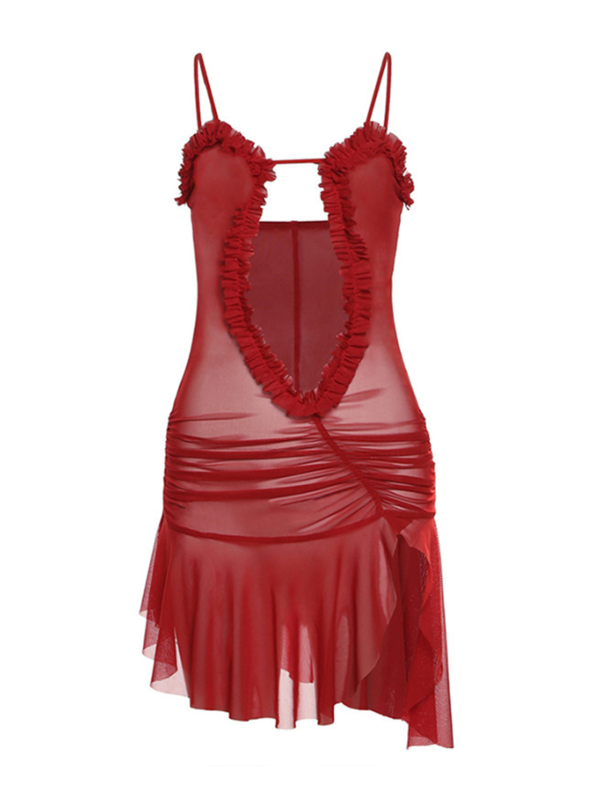 Olivier Kırmızı Renkli Büzgülü Baskılı File Elbise