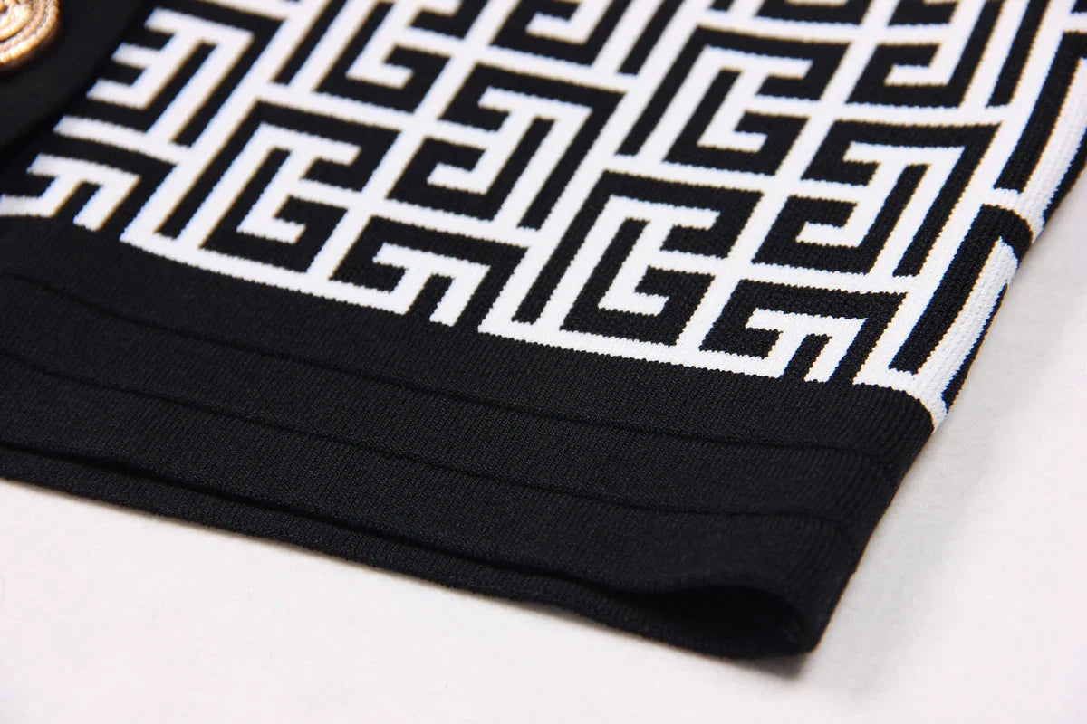 Şık Siyah Beyaz Labirent Desenli V Yaka Uzun Kollu Hırka