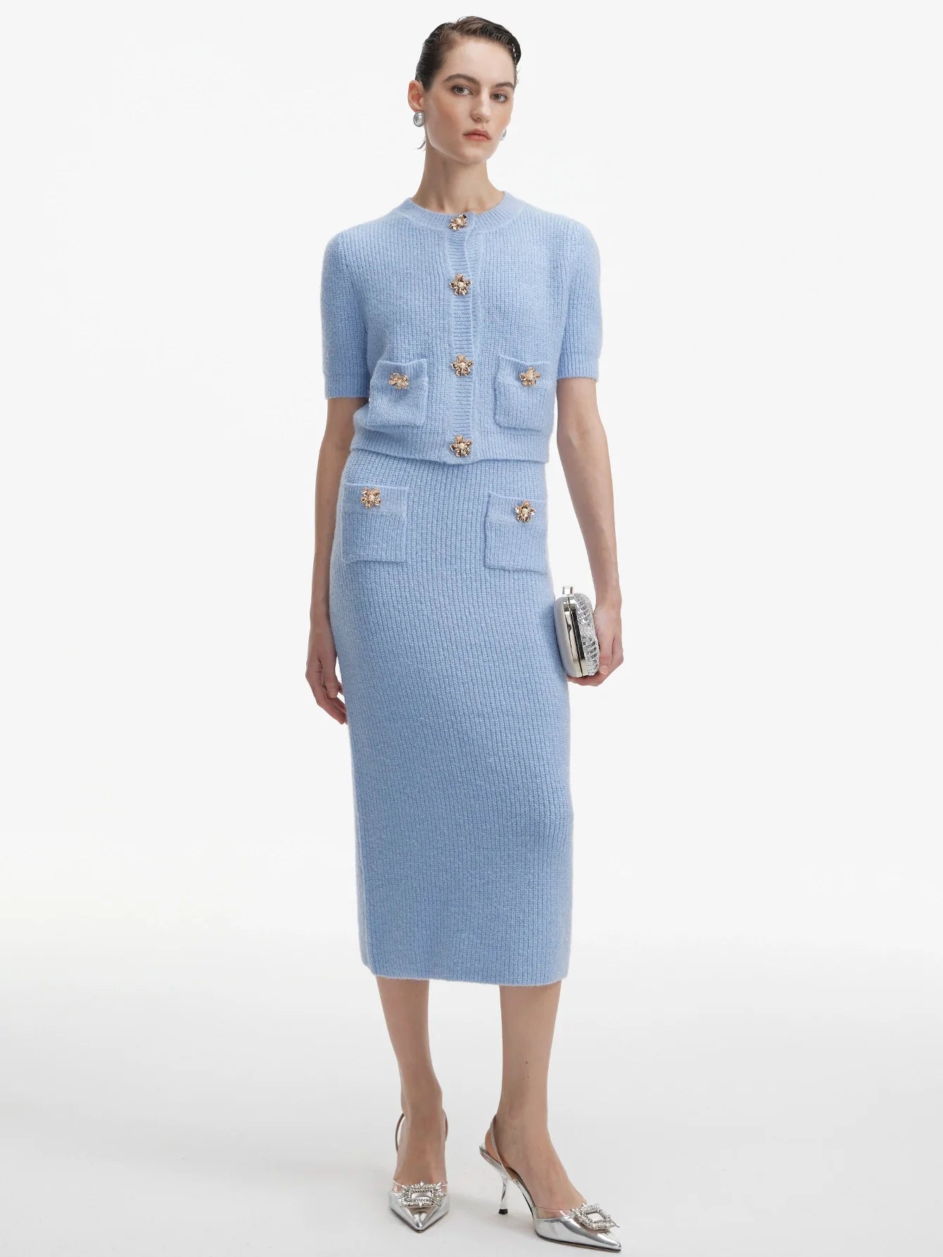 Gösterişli Düğmeli Mavi Örgü Etek Takımı