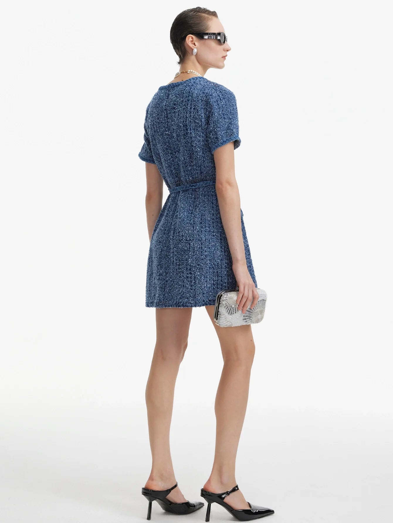 Örgü Kenarlı Tüvit Kemerli Mini Elbise