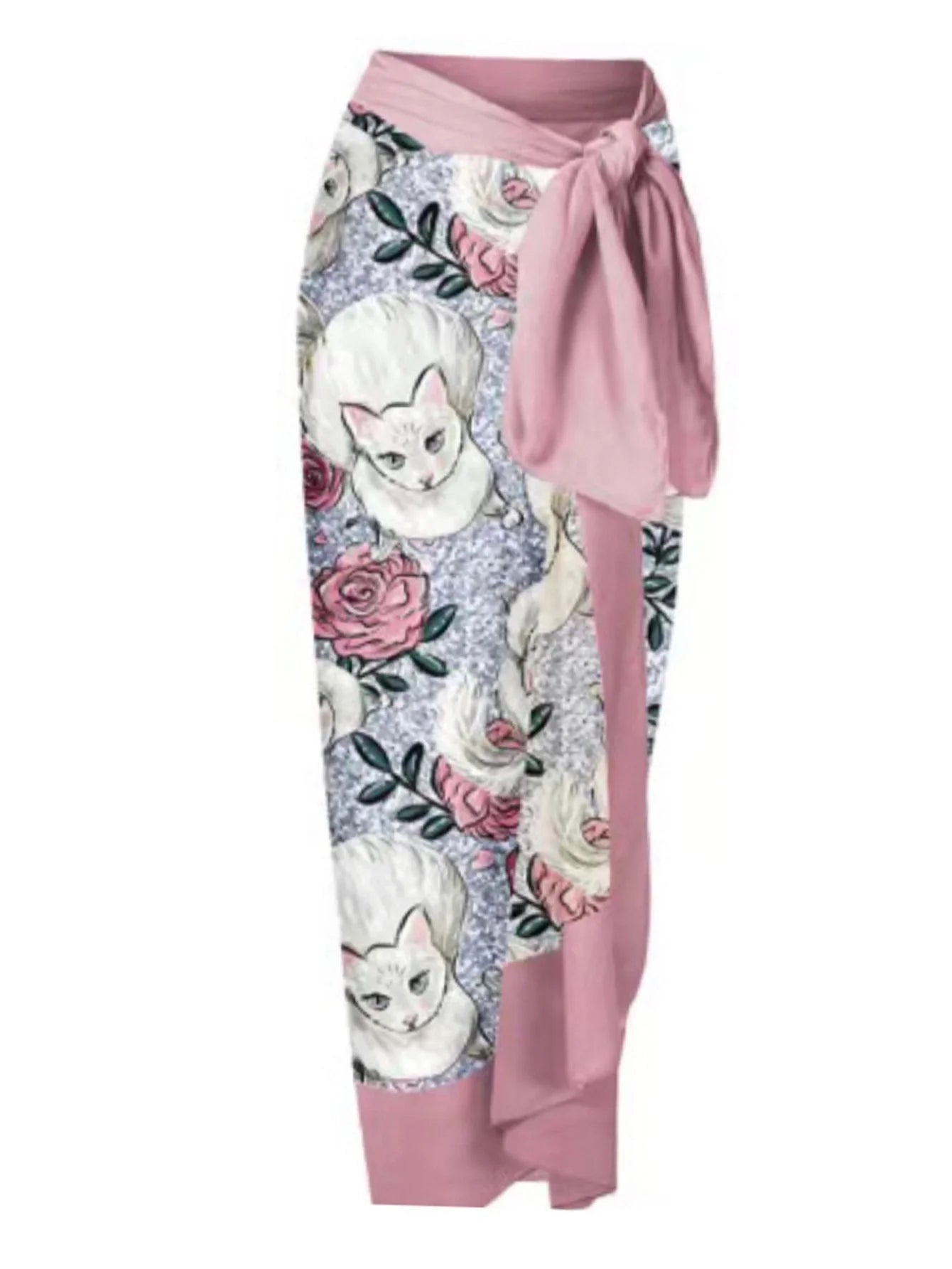 Lüks Kedi Ve Gül Baskılı Mayo İki Parçalı Set