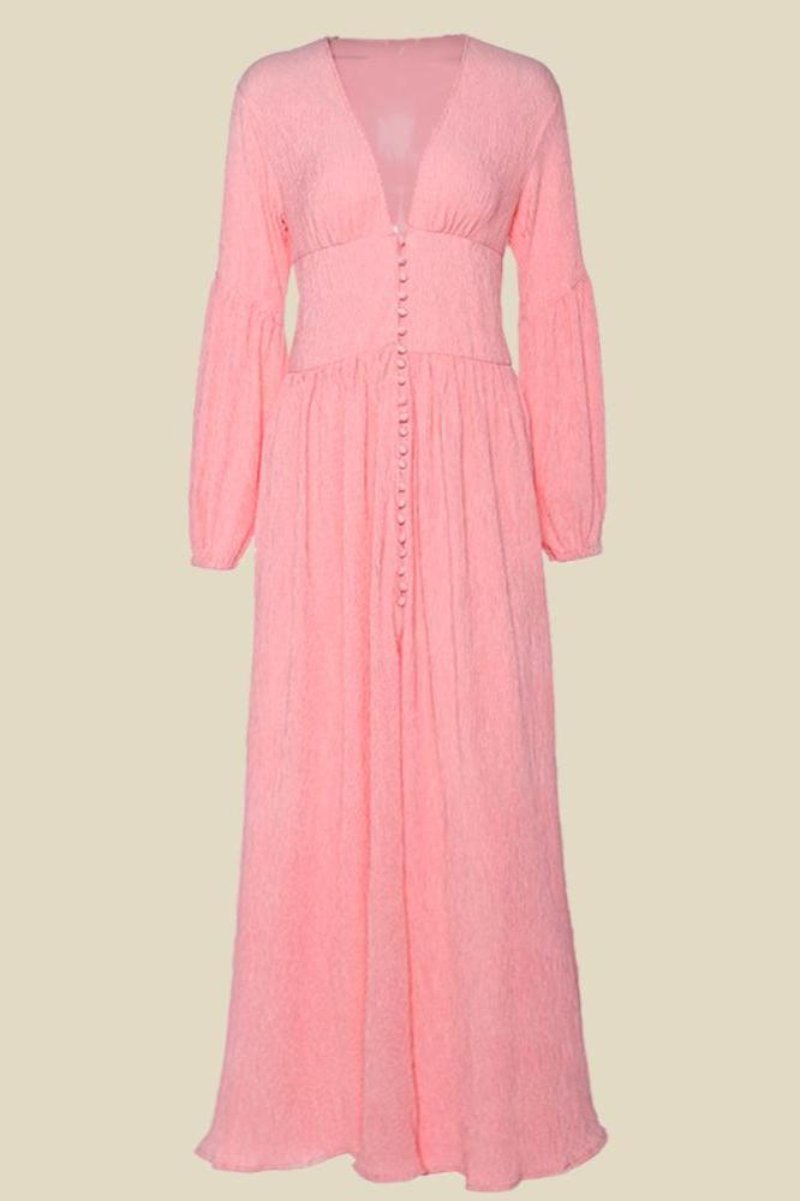 Giselle V Yakalı Plise Maxi Milkmaid Elbise