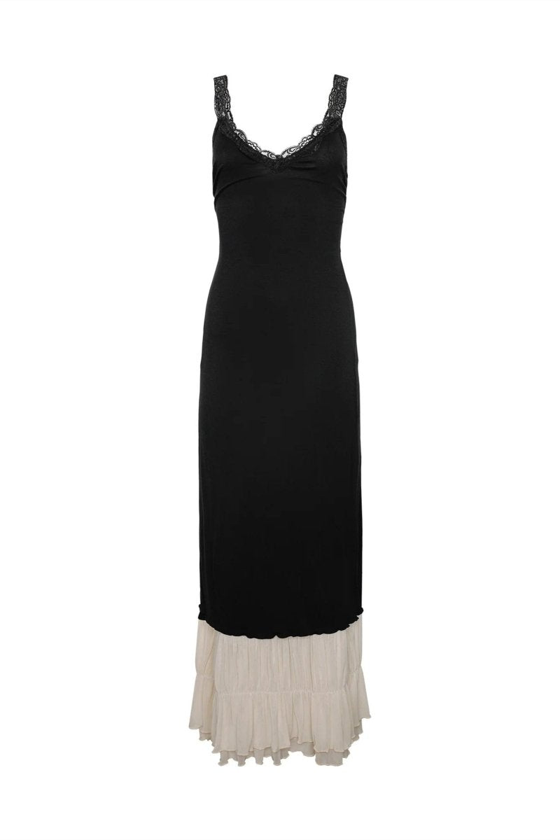 Irene V Yakalı Dantel Süslü Uzun Elbise