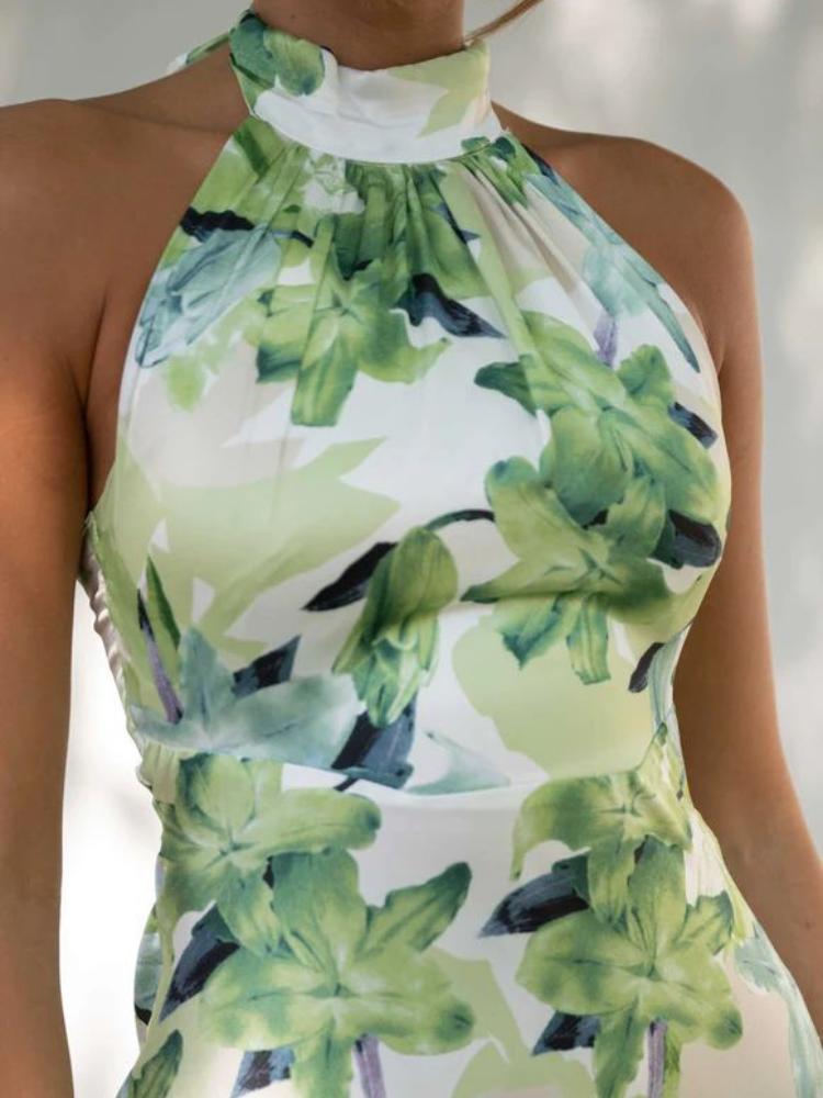 Gill Baskılı Boyundan Bağlamalı Sırtı Açık Saten Midi Elbise