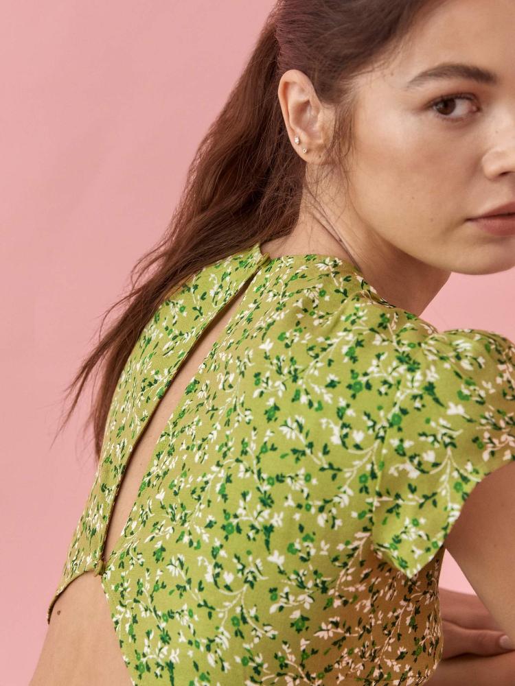 Rachel Baskılı Yuvarlak Yaka Yırtmaçlı Midi Yazlık Elbise