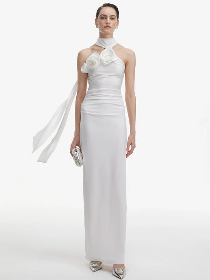 Çiçek Detaylarıyla Boyundan Bağlamalı Yaka Elbise