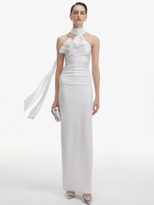 Çiçek Detaylarıyla Boyundan Bağlamalı Yaka Elbise