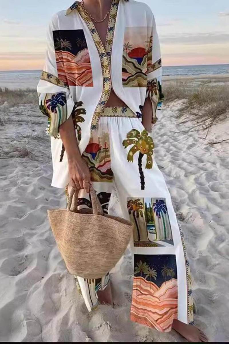 Özellikleri Palmiye Ağacı Desenli Hımbıl Pantolon Takımı