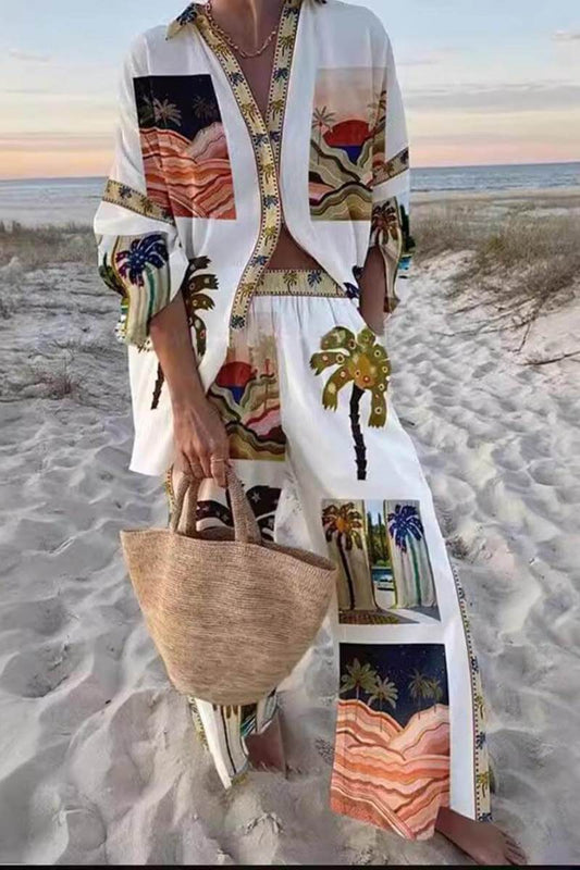 Özellikleri Palmiye Ağacı Desenli Hımbıl Pantolon Takımı