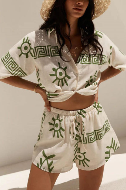 Tatil Eğlenceli Baskı Bol Şort İki Parçalı Set
