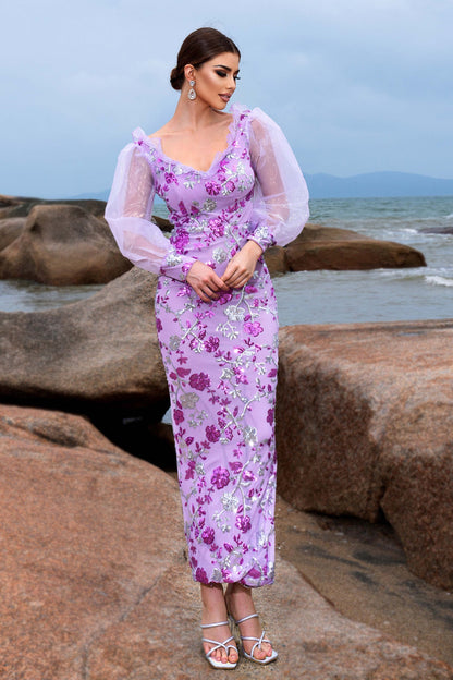 Yuvarlak Yaka Fırfırlı Fener Kol Maksi Elbise