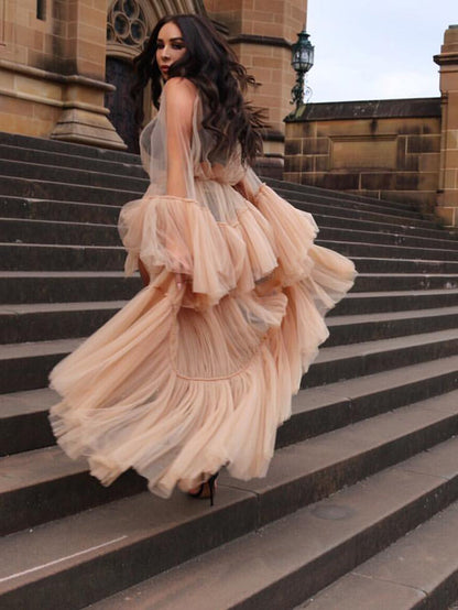 Gösterişli Allık Tül Gece Elbisesi