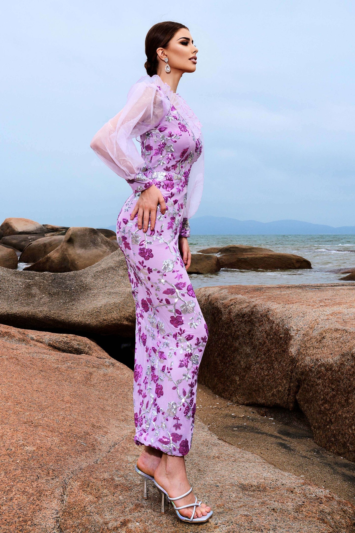 Yuvarlak Yaka Fırfırlı Fener Kol Maksi Elbise