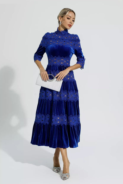 Henley Mavi Kesimli Uzun Kollu Maxi Elbise