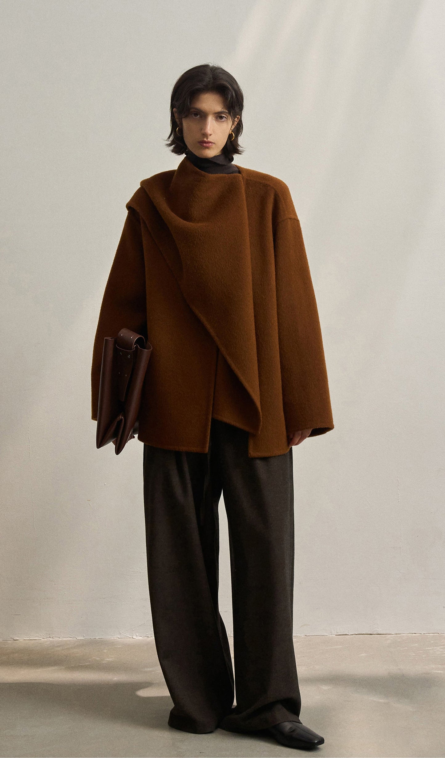 Düz Pelerin Tarzı Palto-Kestane