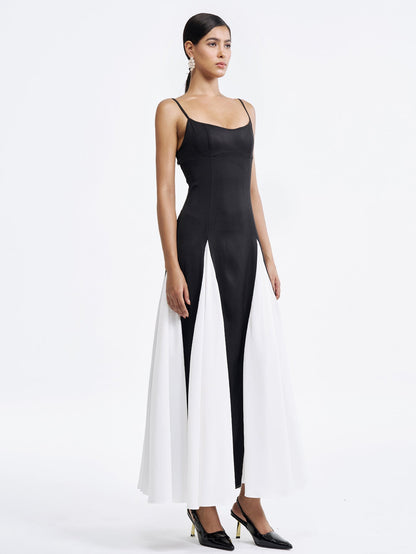 Zarafet Renk Bloklu Uzun Elbise