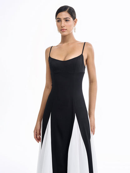 Zarafet Renk Bloklu Uzun Elbise