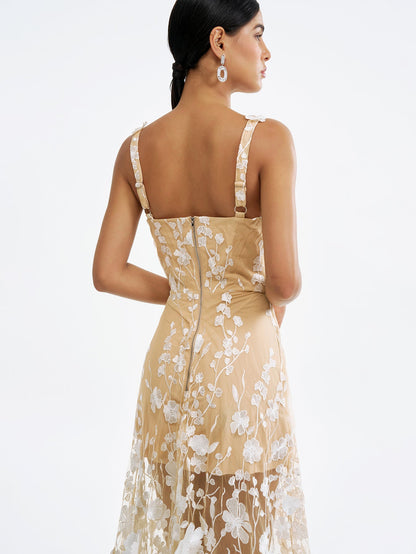 Çiçek İşlemeli Tül Maksi Elbise - Ruhani & Romantik