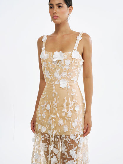 Çiçek İşlemeli Tül Maksi Elbise - Ruhani & Romantik