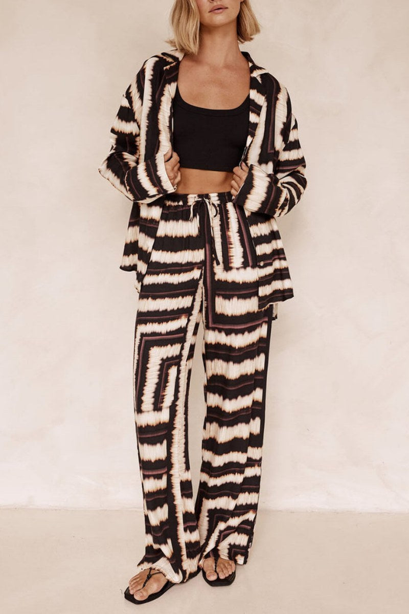 Signature Şerit Dokulu Çikolata Desenli Şalvar Pantolon Takım