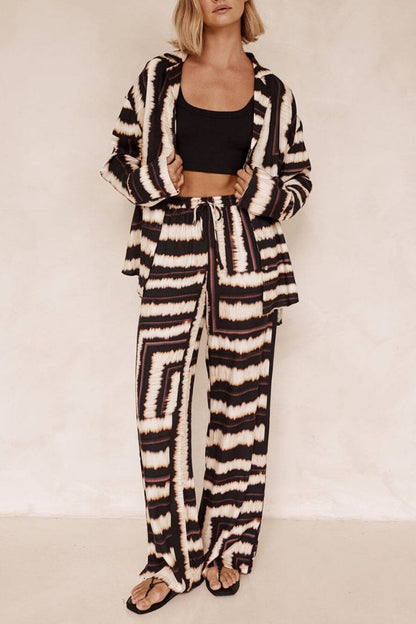 Signature Şerit Dokulu Çikolata Desenli Şalvar Pantolon Takım