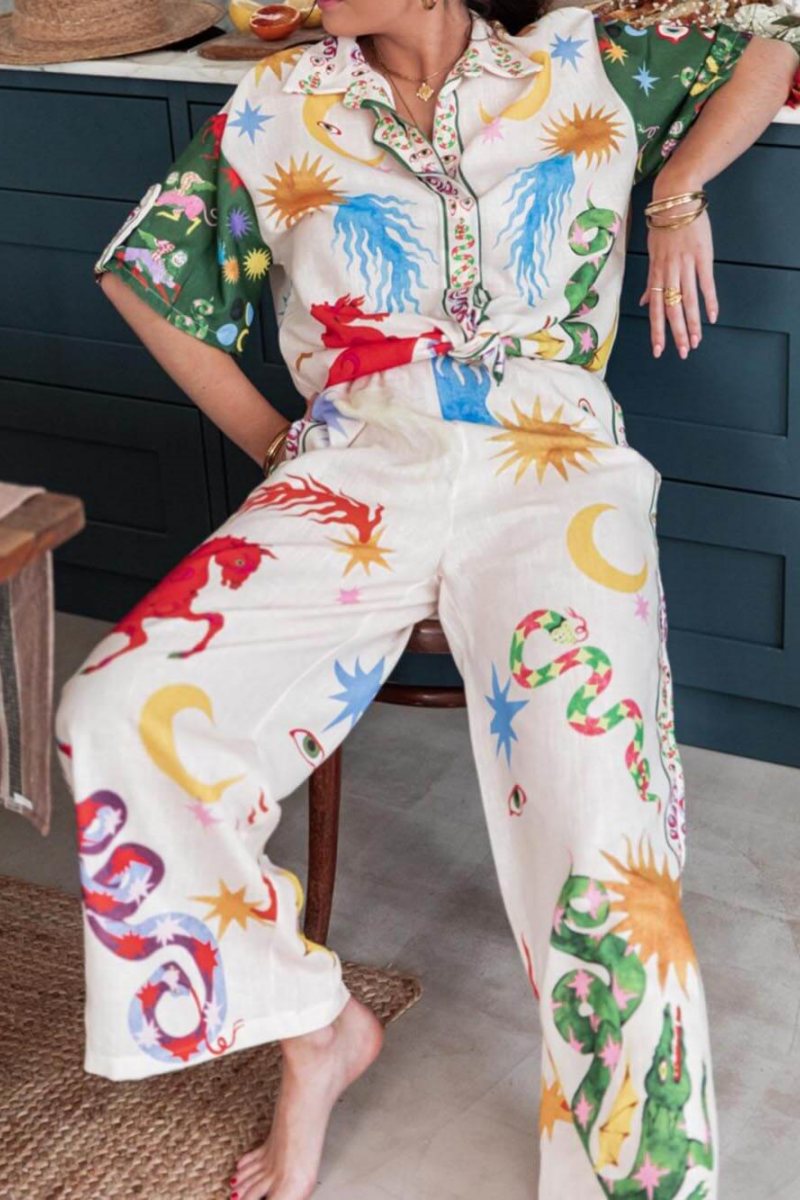 Desenli Baskı Kısa Kollu Bol Gömlek Ve Elastik Bel Pantolon Takımı
