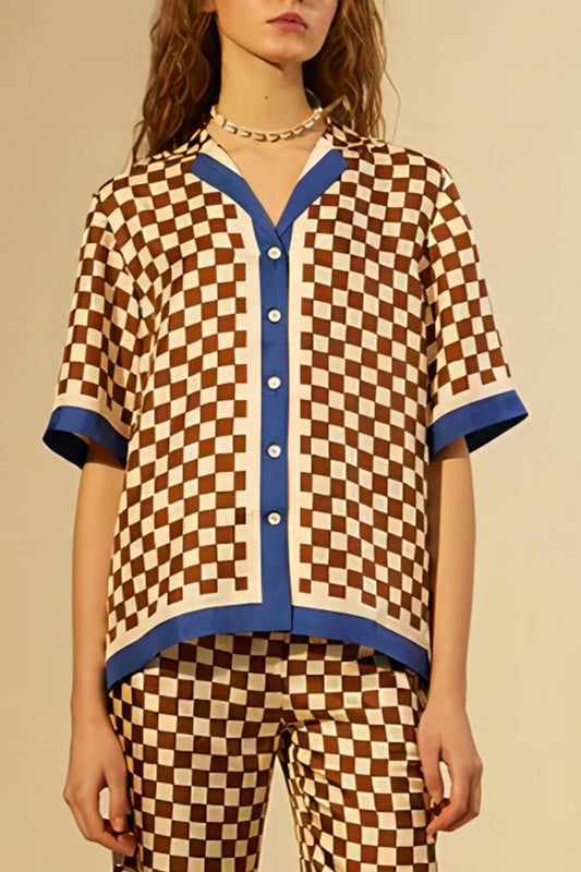 Güzel Dama Tahtası Baskılı Mavi Şerit Ekleme Gevşek Elastik Pantolon Takımı