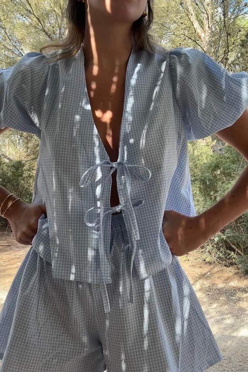 Ekose Önü Bağcıklı Puf Kol Üst Ve Beli Lastikli Şort Takım