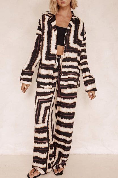 Signature Şerit Dokulu Çikolata Desenli Şalvar Pantolon Takım