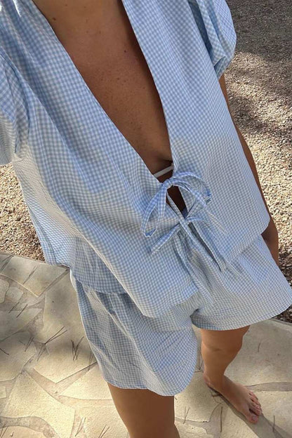 Ekose Önü Bağcıklı Puf Kol Üst Ve Beli Lastikli Şort Takım